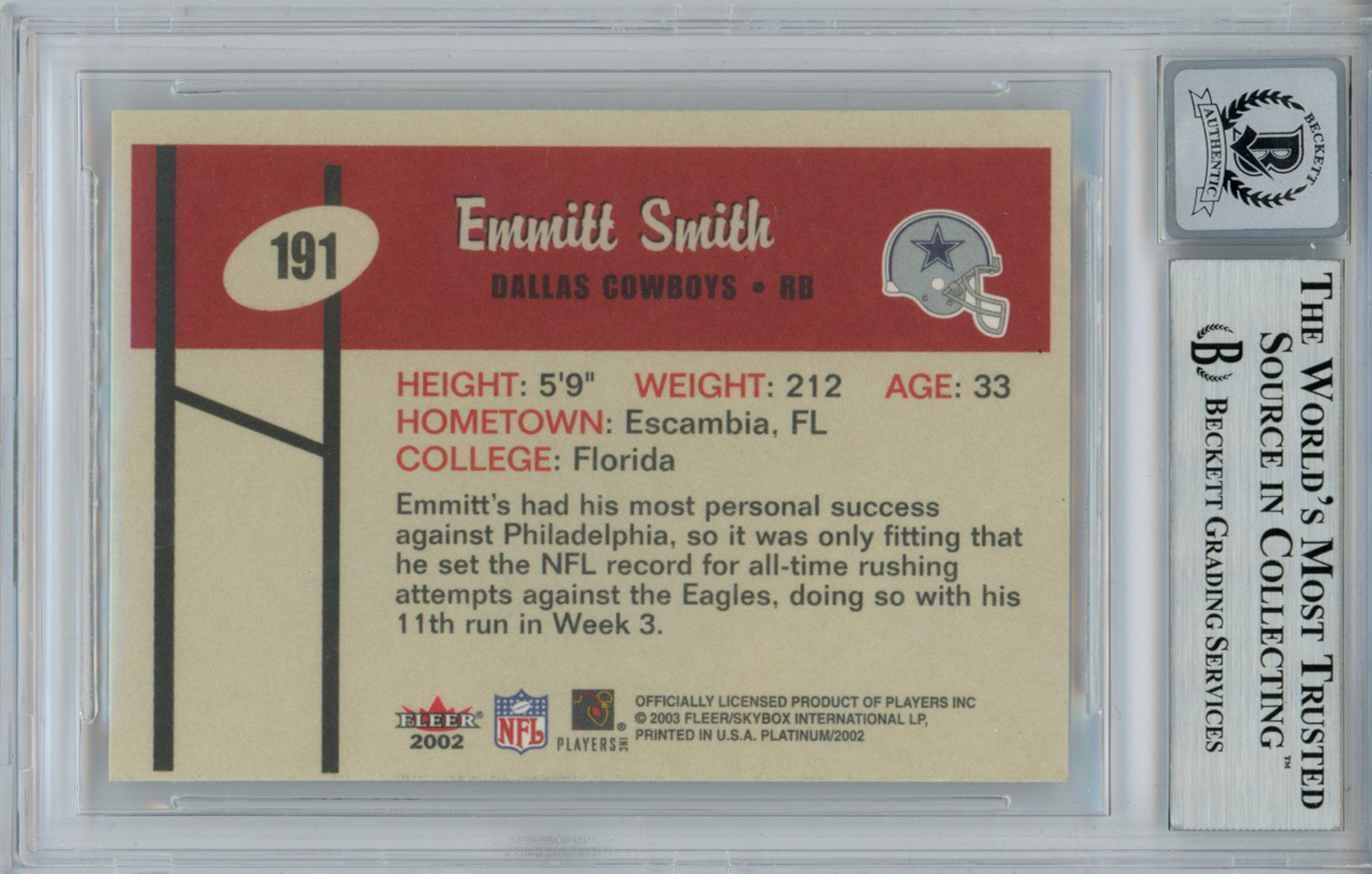 Emmitt Smith Signed 2002 Fleer Platinum #191 Trading Card Beckett 10 Slab