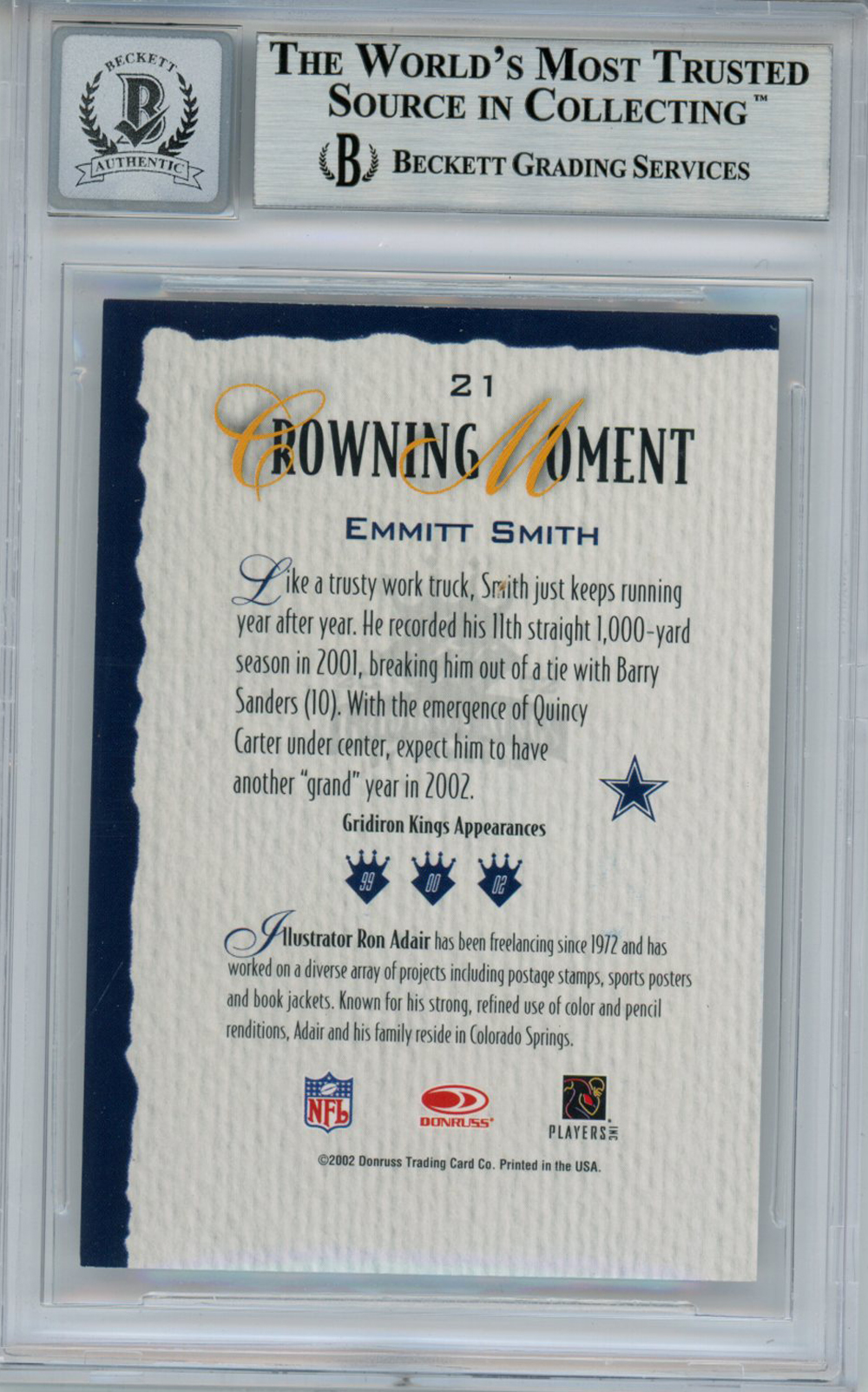 Emmitt Smith Signed 2002 Gridiron Kings #21 Trading Card Beckett 10 Slab