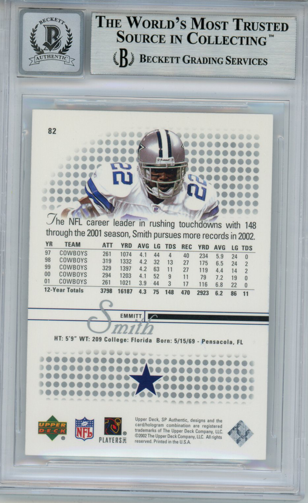 Emmitt Smith Signed 2002 SP Authentic #82 Trading Card Beckett 10 Slab