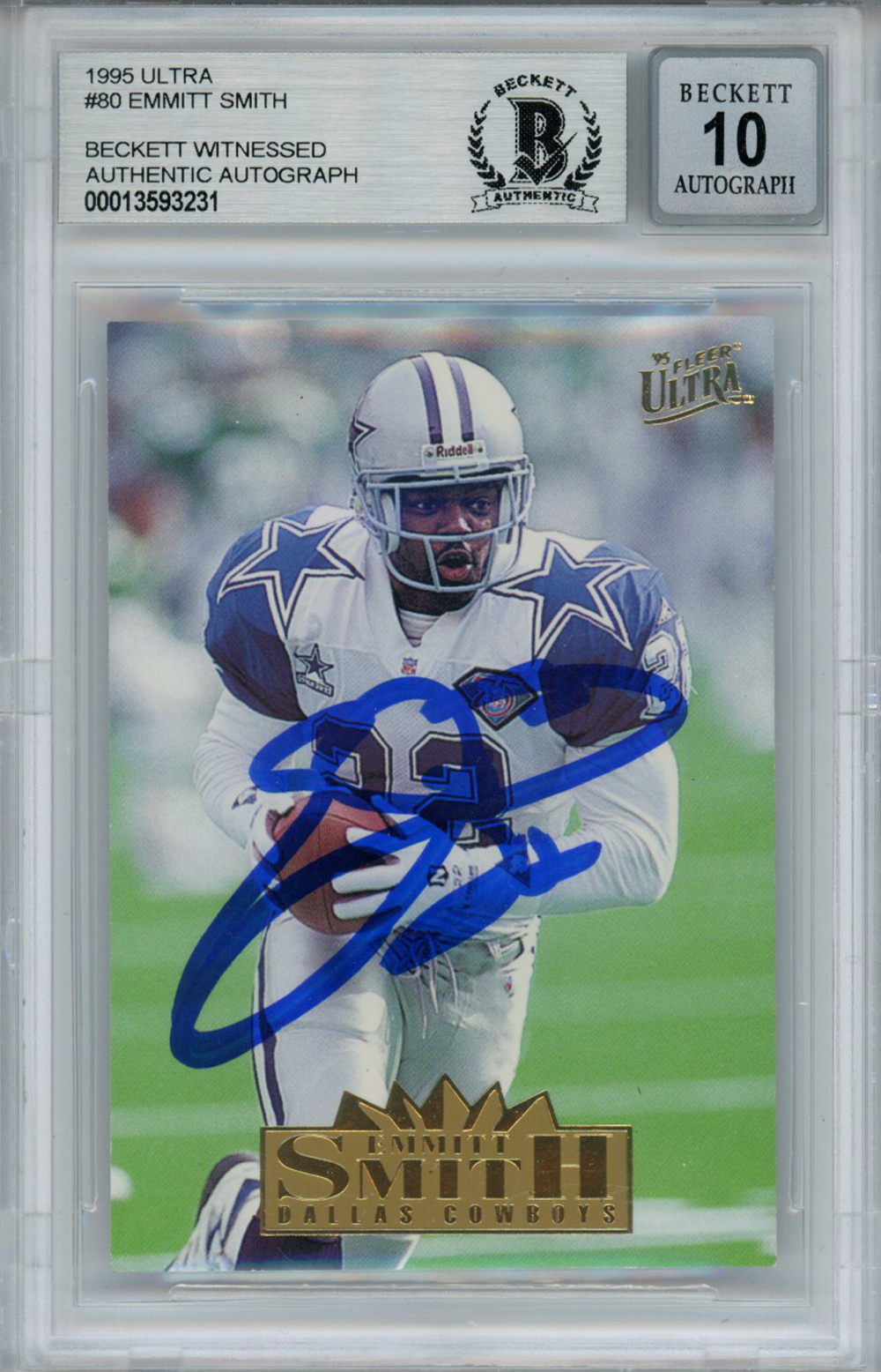 Emmitt Smith Autographed 1995 Ultra #80 Trading Card Beckett 10 Slab