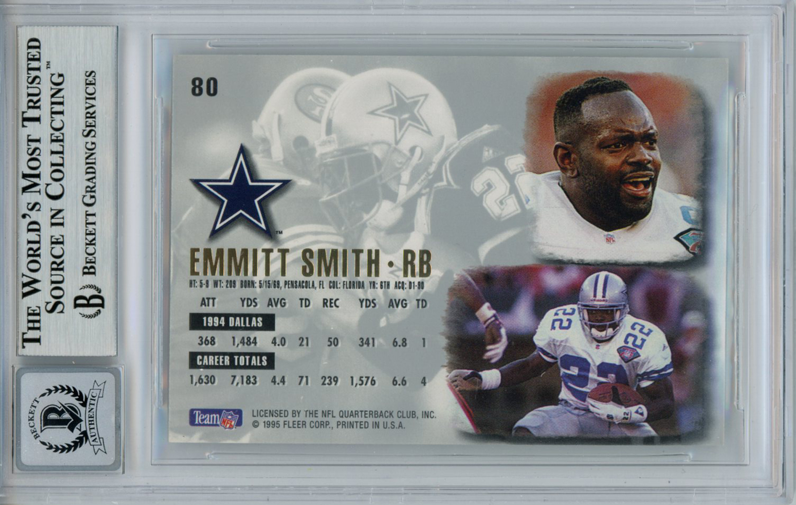 Emmitt Smith Autographed 1995 Ultra #80 Trading Card Beckett 10 Slab