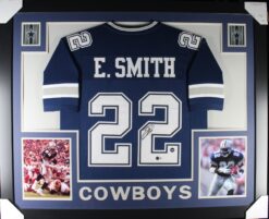 Emmitt Smith Autographed/Signed Pro Style Blue XL Framed Jersey Beckett 51239