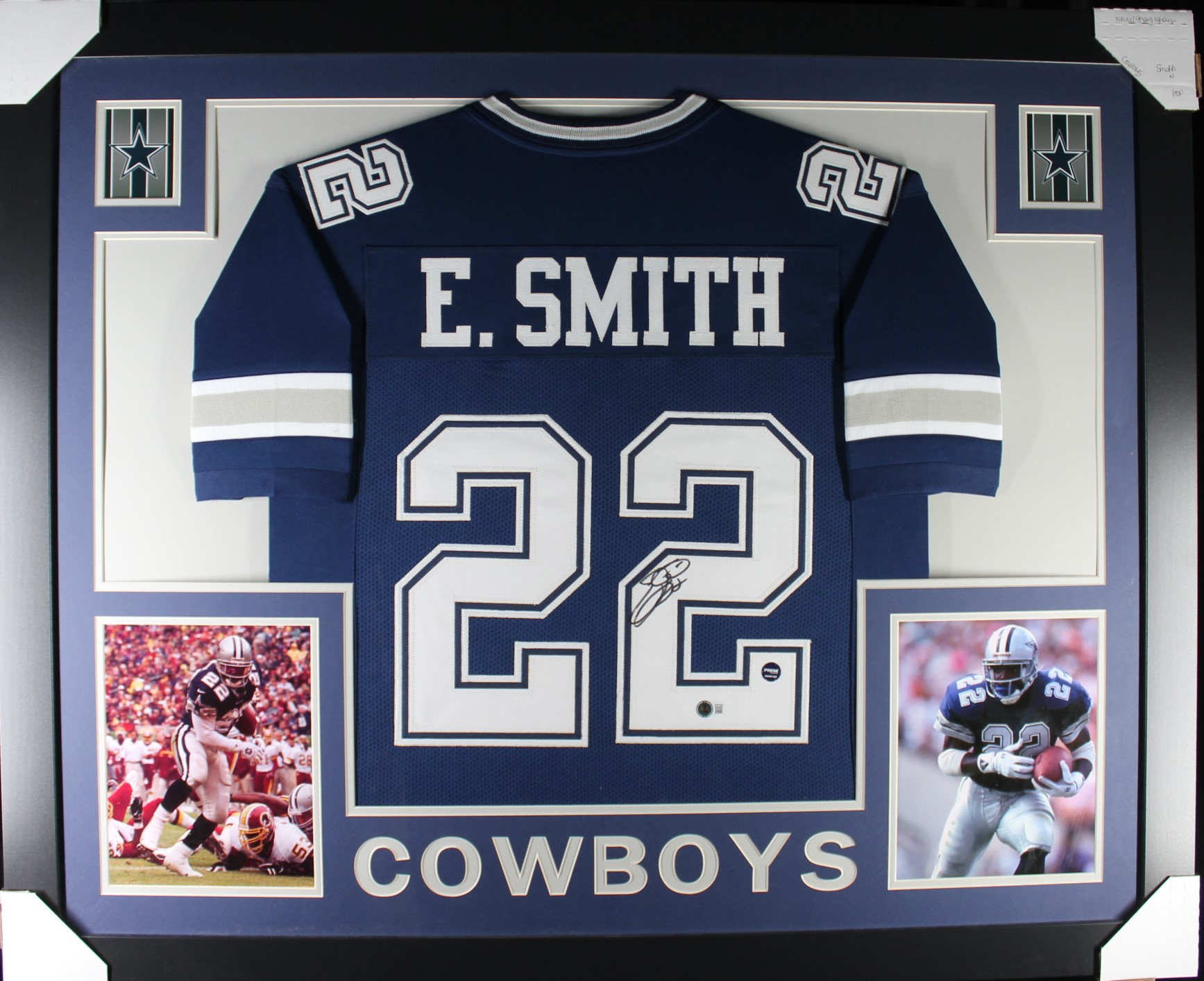 Emmitt Smith Autographed/Signed Pro Style Blue XL Framed Jersey Beckett 51239