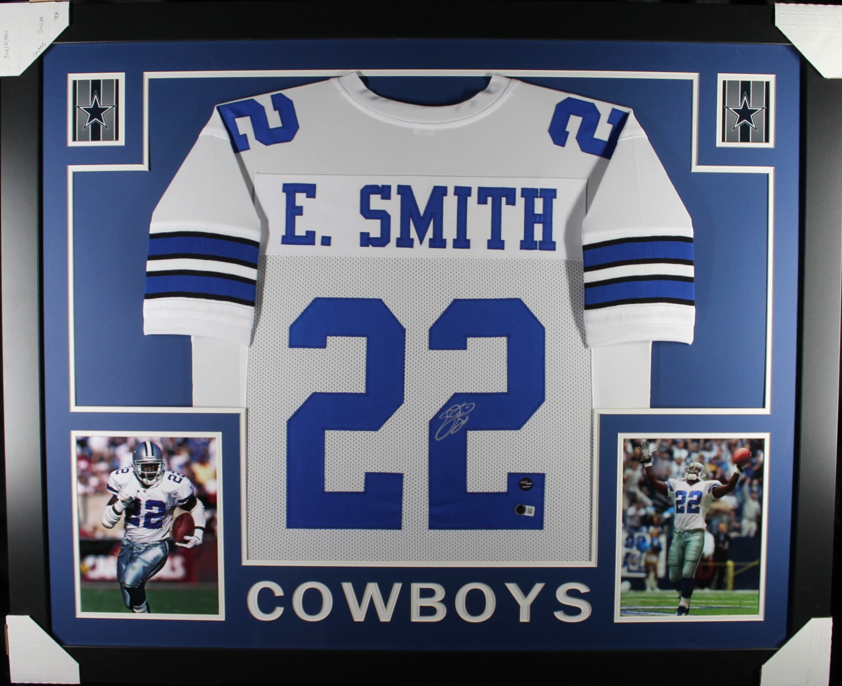 Emmitt Smith Autographed Pro Style White XL Framed Jersey 35x43 Beckett 53762