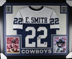 Emmitt Smith Autographed/Signed Pro Style Blue XL Framed Jersey Beckett 51240