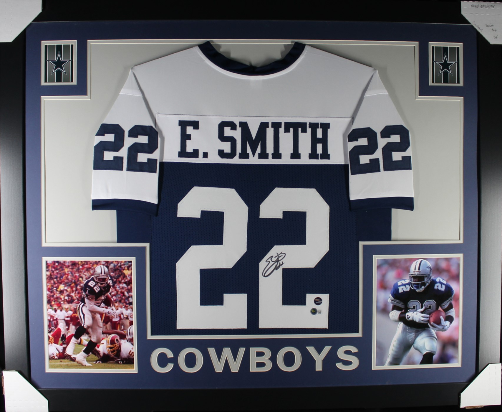 Emmitt Smith Autographed/Signed Pro Style Blue XL Framed Jersey Beckett 51240