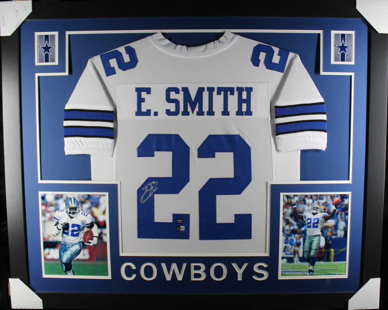 Emmitt Smith Autographed/Signed Pro Style Framed White XL Jersey BAS
