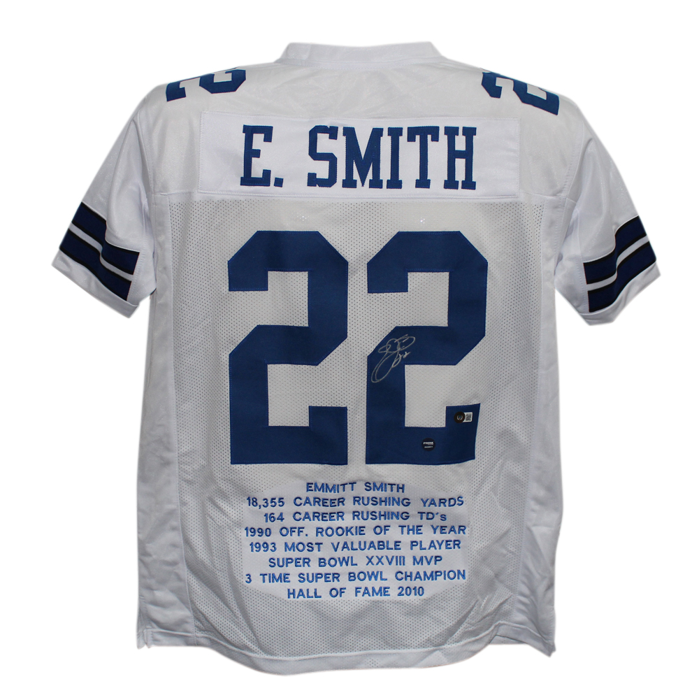 Emmitt Smith Autographed/Signed Pro Style White XL Stat Jersey Beckett