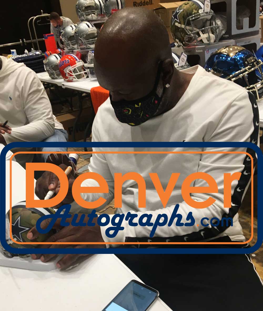 Emmitt Smith Autographed/Signed Dallas Cowboys Camo Mini Helmet BAS 31363