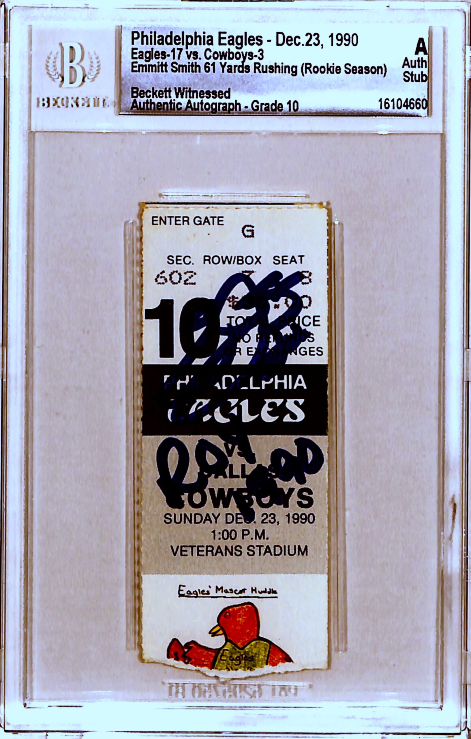 Emmitt Smith Signed Dallas Cowboys Ticket Stub 12/23/90 ROY Beckett Slab