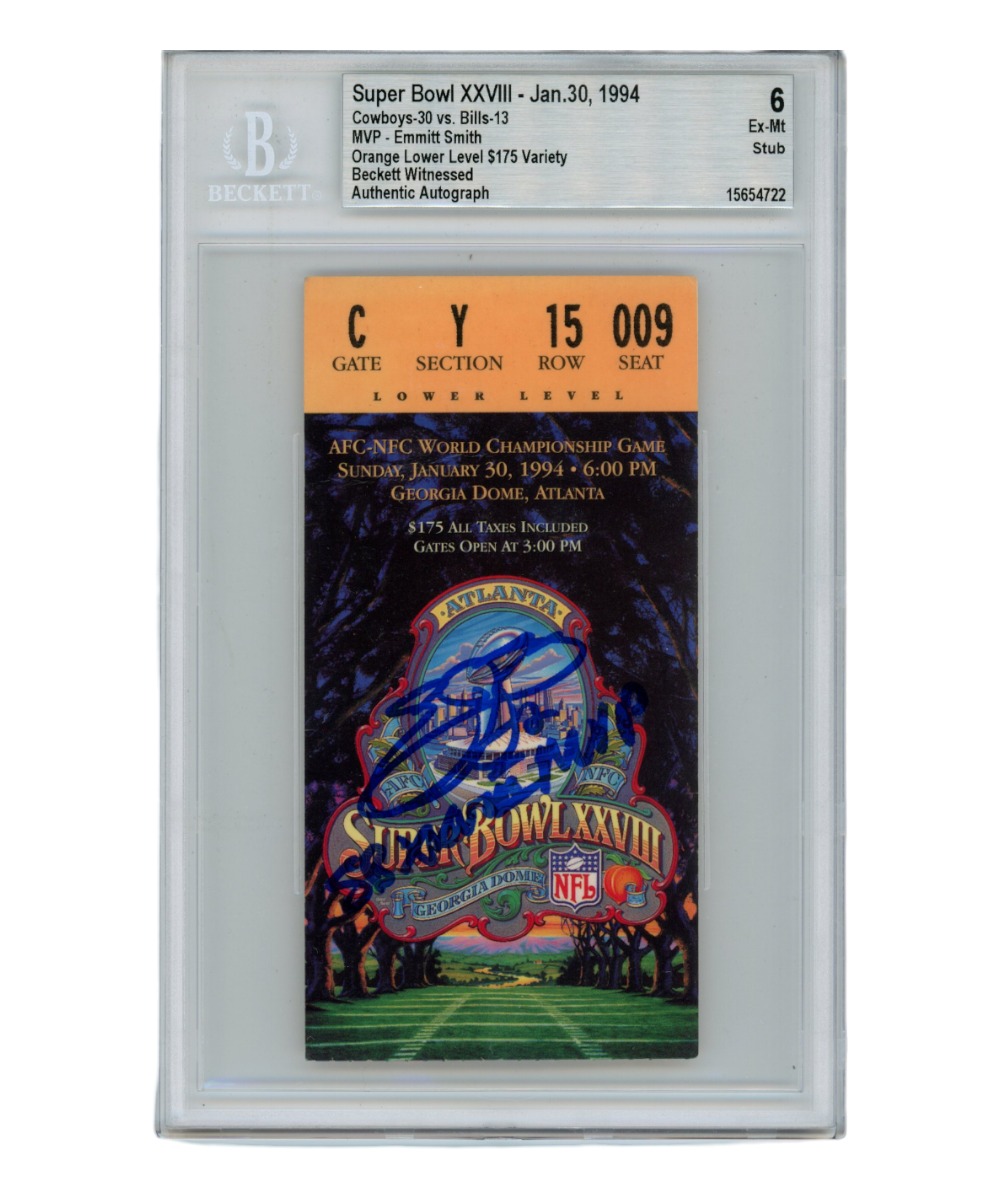 Emmitt Smith Signed Super Bowl XXVIII Ticket Stub MVP Grade 6 Beckett