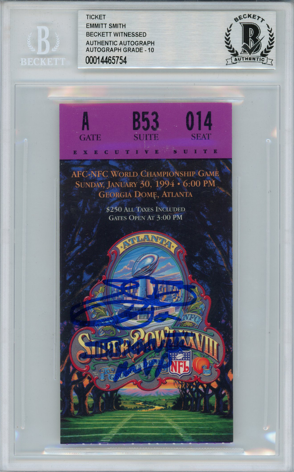Emmitt Smith Autographed Super Bowl XXVIII Ticket Stub MVP Beckett Slab