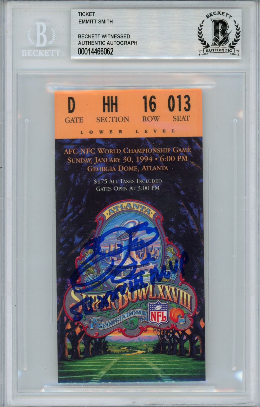 Emmitt Smith Autographed Super Bowl XXVIII Ticket Stub MVP Beckett Slab