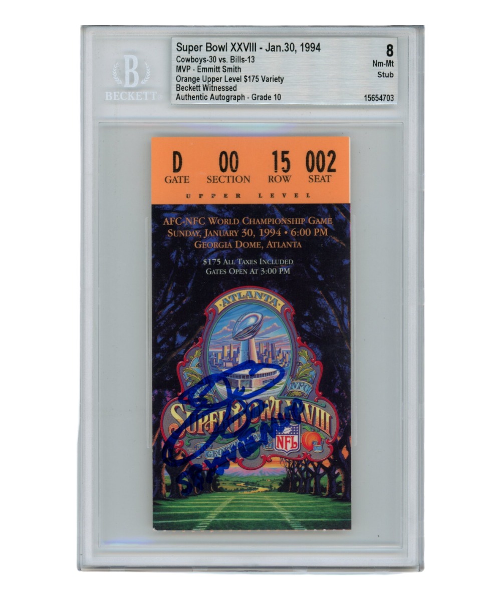 Emmitt Smith Signed Super Bowl XXVIII Ticket Stub MVP Grade 8 Beckett