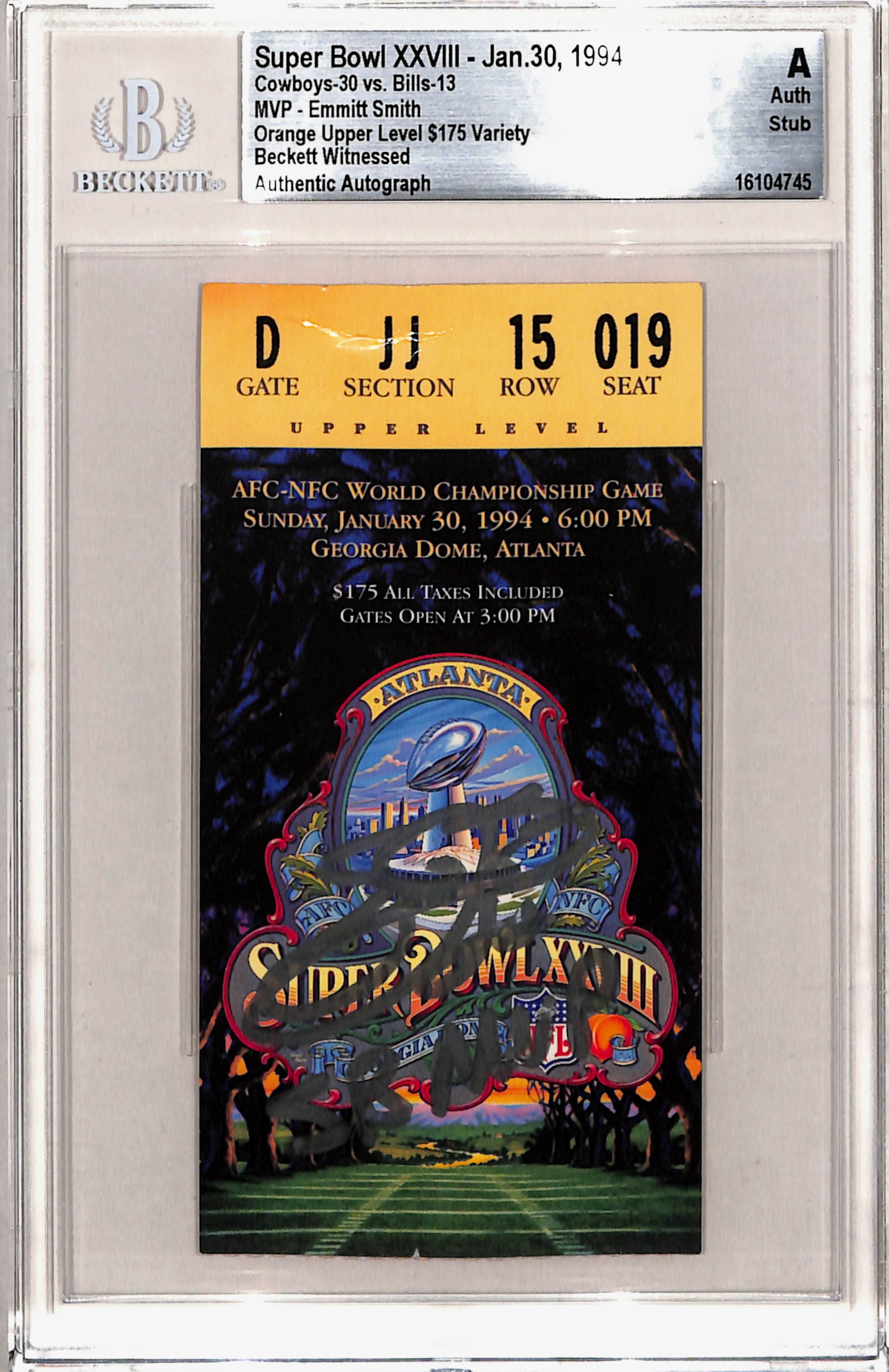 Emmitt Smith Signed Dallas Cowboys Ticket Stub SB XXVIII MVP Beckett Slab 