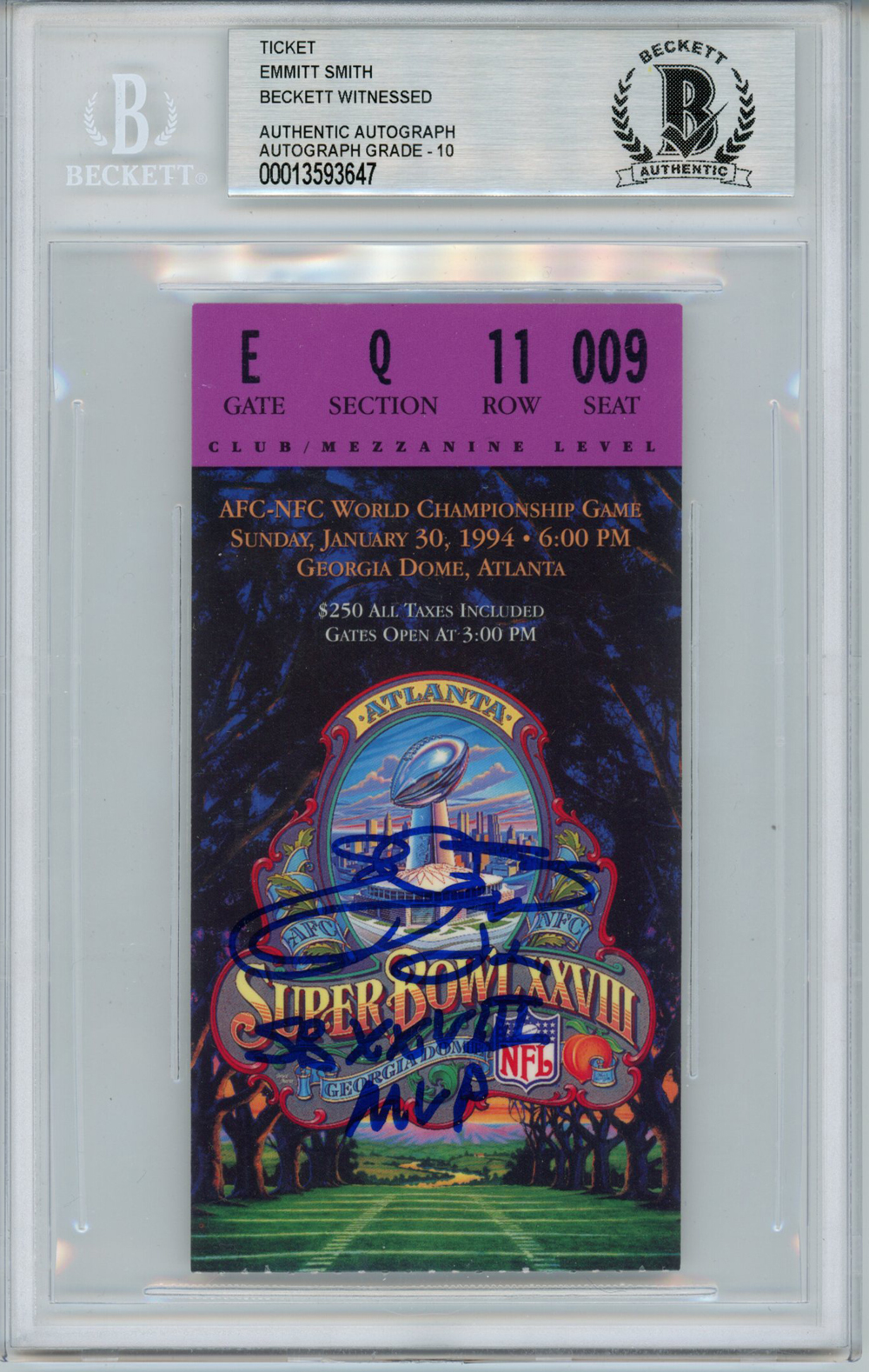 Emmitt Smith Signed Super Bowl XXVIII Ticket Stub SB MVP Beckett Slab