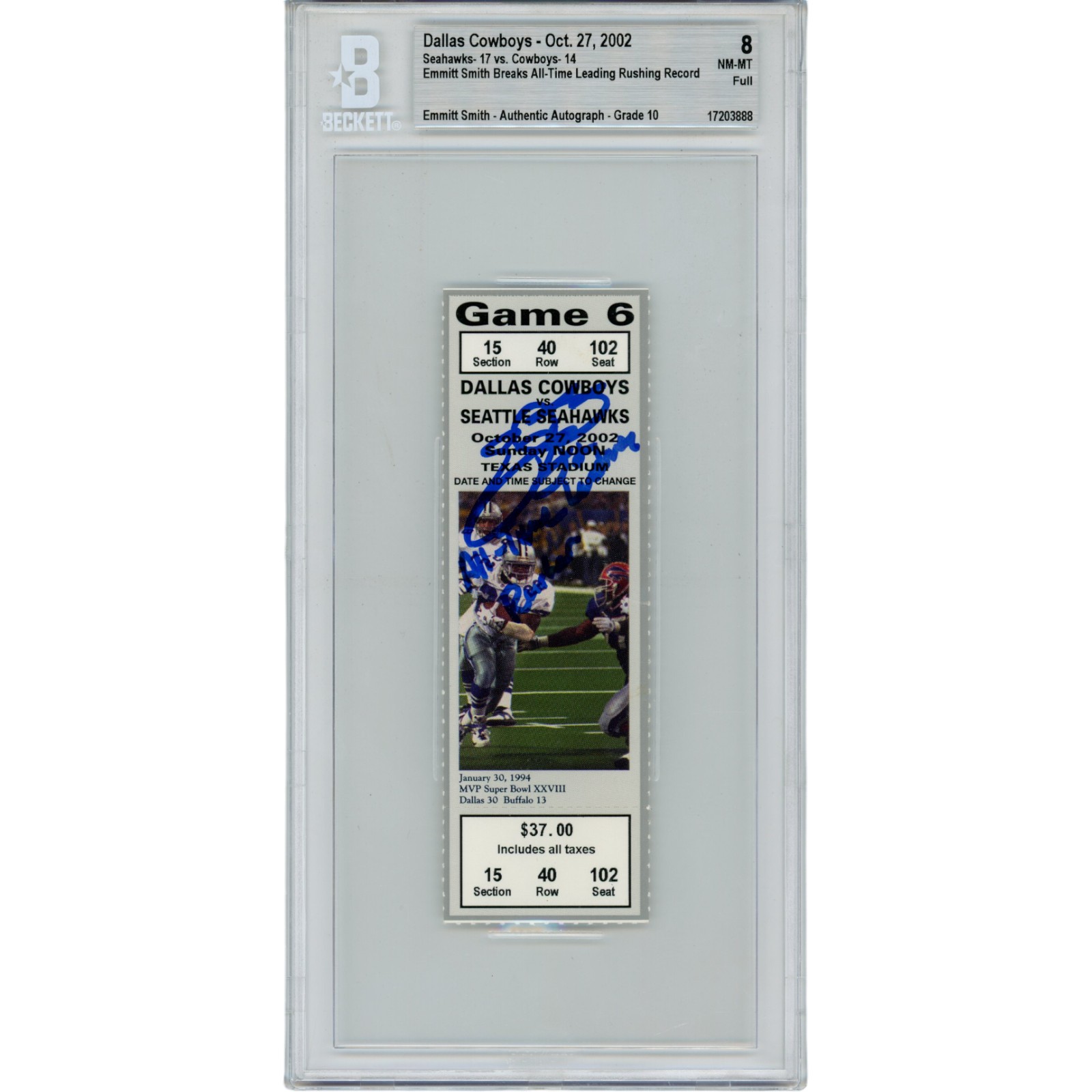 Emmitt Smith Autographed Dallas Cowboys All Time Rushing Record Ticket
