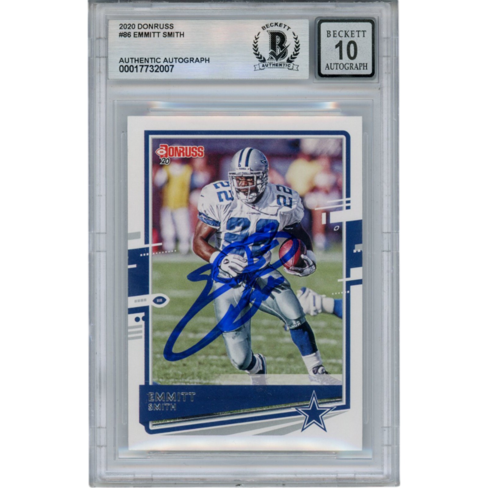 Emmitt Smith Autographed/Signed 2020 Donruss #86 10 Auto Card Slab Beckett 49937