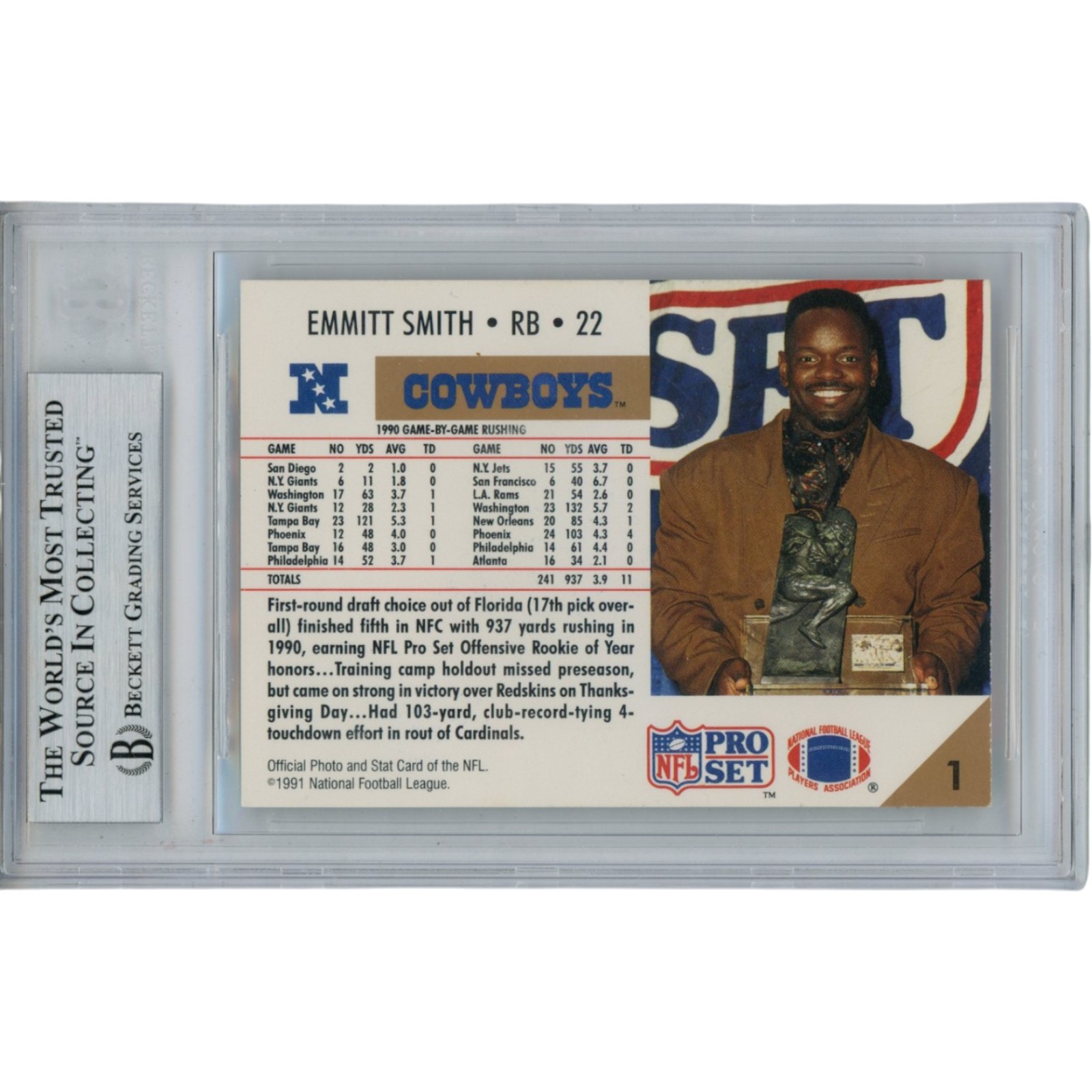 Emmitt Smith Autographed/Signed 1991 Pro Set #1 Trading Card Slab Beckett 53503 2 Emmitt Smith Autographed/Signed 1991 Pro Set #1 Trading Card Slab Beckett 53503