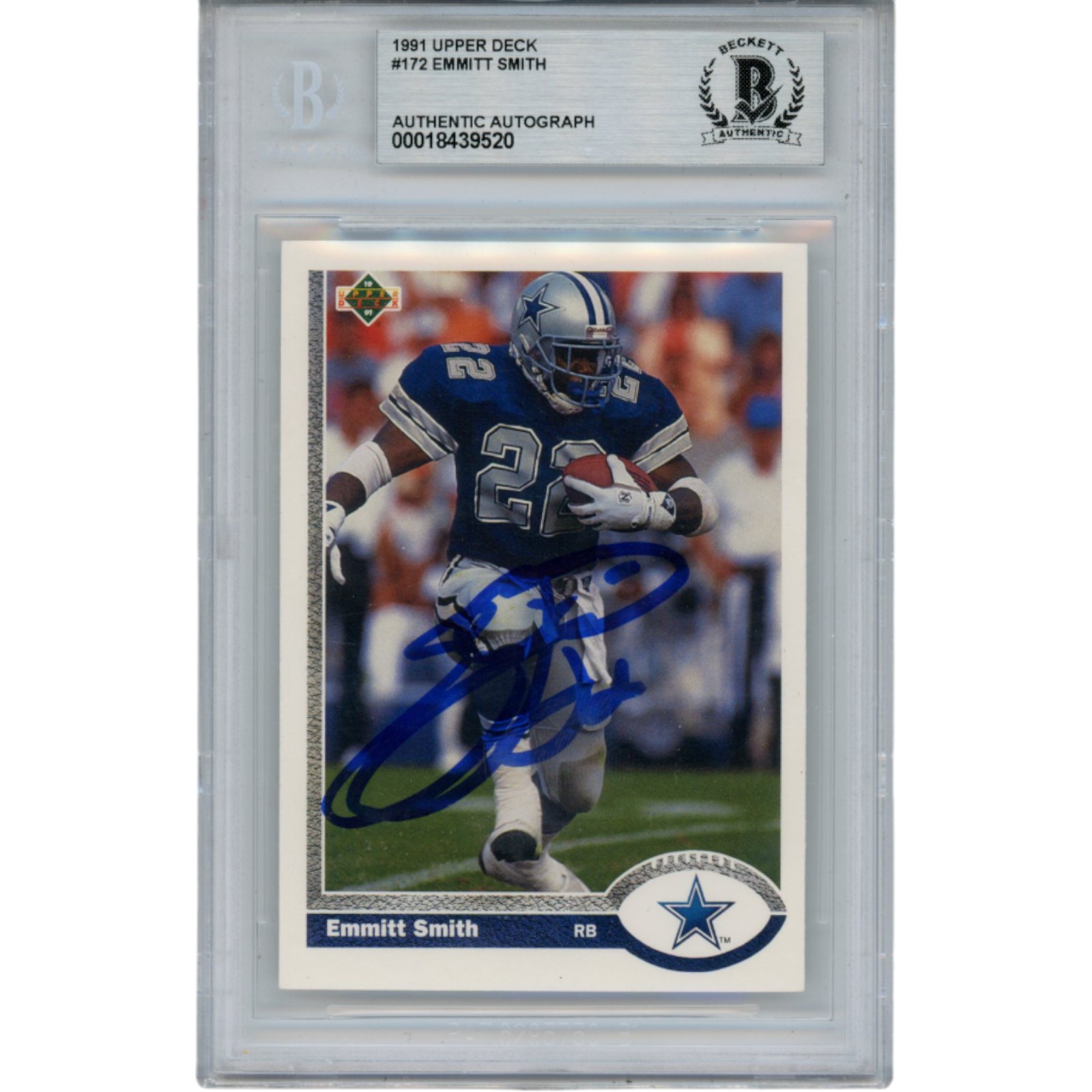 Emmitt Smith Autographed 1991 Upper Deck #172 Trading Card Slab Beckett 53516