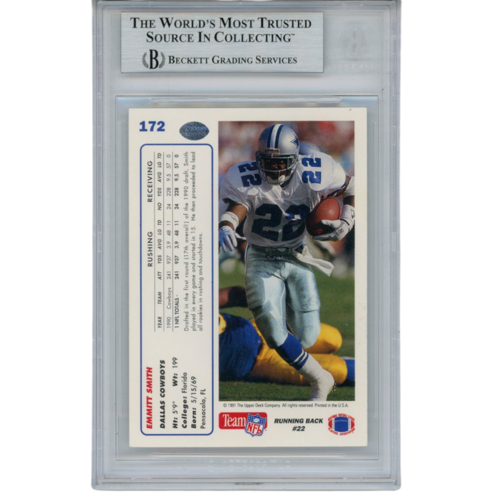 Emmitt Smith Autographed 1991 Upper Deck #172 Trading Card Slab Beckett 53516 2 Emmitt Smith Autographed 1991 Upper Deck #172 Trading Card Slab Beckett 53516