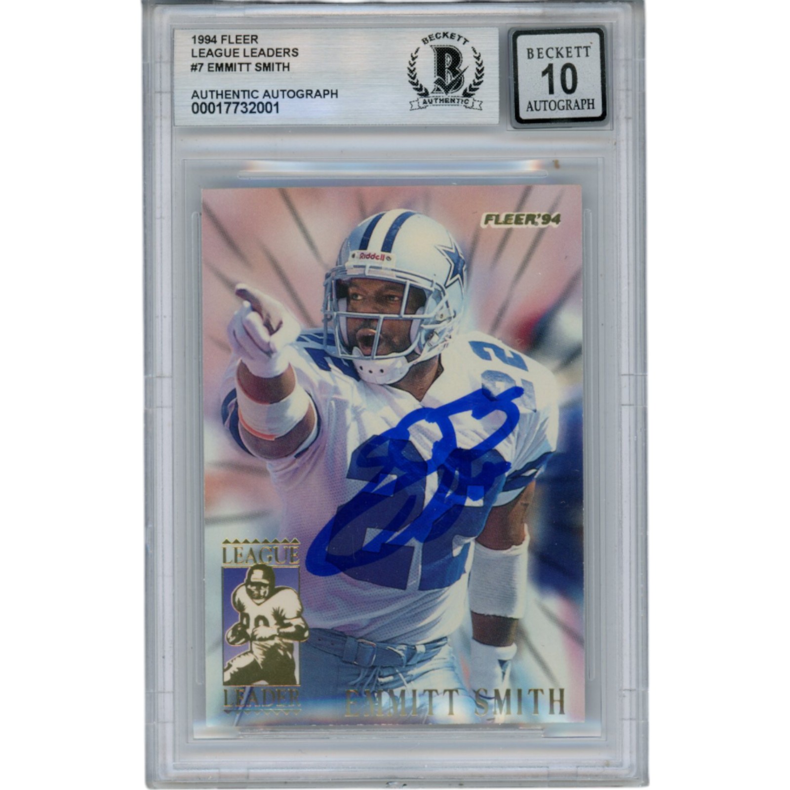 Emmitt Smith Autographed 1994 Fleer League Leader #7 10 Auto Card Beckett 49955