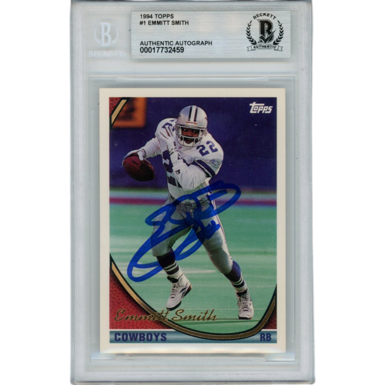 Emmitt Smith Autographed/Signed 1994 Topps #1 Trading Card Slab Beckett 49906