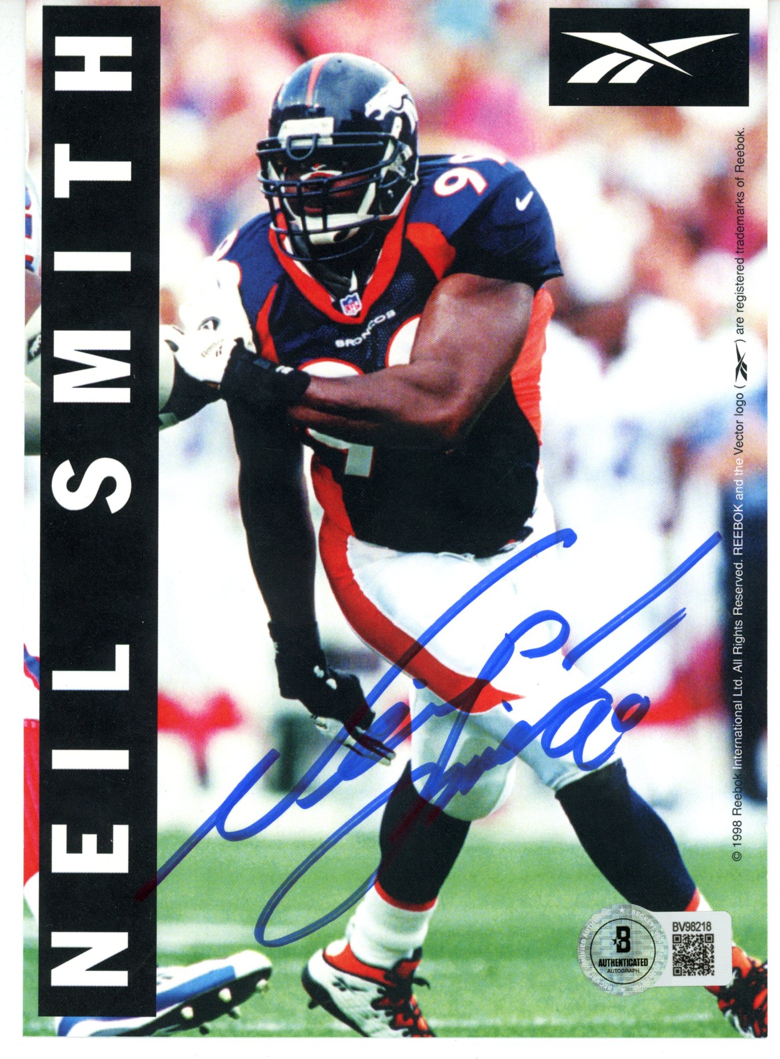 Neil Smith Autographed/Signed Denver Broncos 5x7" Photo Reebok Beckett 56079