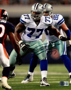Tyron Smith Autographed Dallas Cowboys 8x10 Photo White vs Broncos Beckett 56759