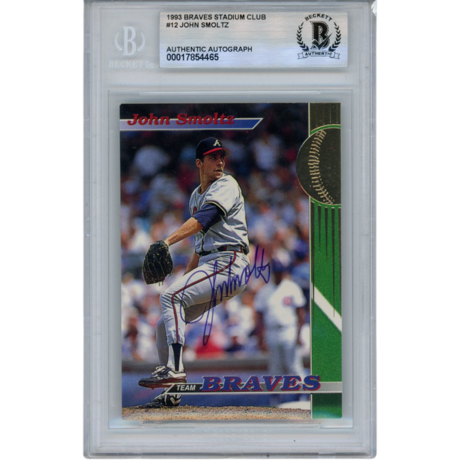 John Smoltz Signed 1993 Braves Stadium Club #12 Trading Card Slab Beckett 51539