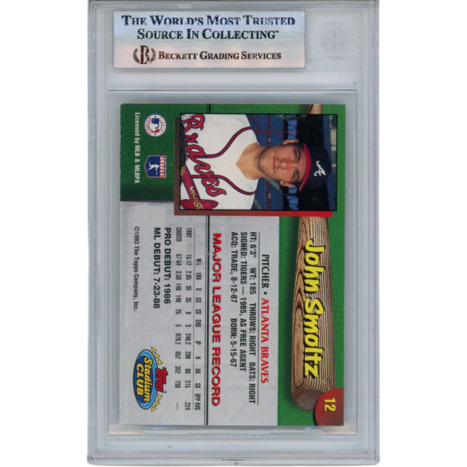 John Smoltz Signed 1993 Braves Stadium Club #12 Trading Card Slab Beckett 51539