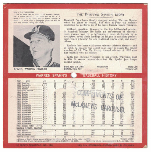 Warren Spahn Autographed Milwaukee Braves Sports Record 33 RPM BAS 27095