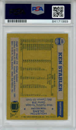 Ken Stabler Autographed 1982 Topps #105 Trading Card PSA Slab