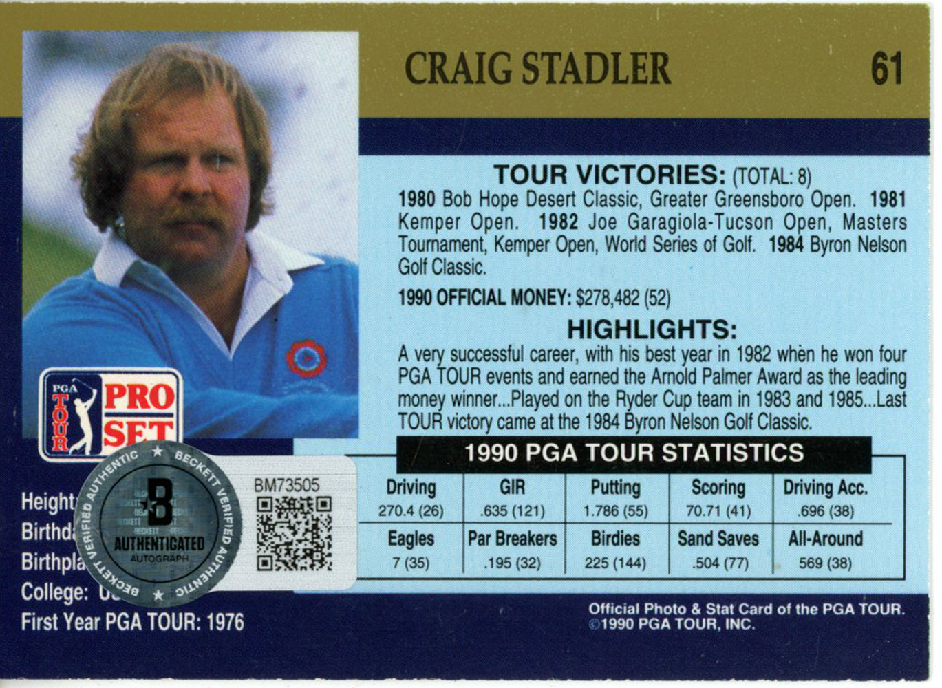 Craig Stadler Autographed 1990 Pro Set #61 Trading Card Beckett 44901