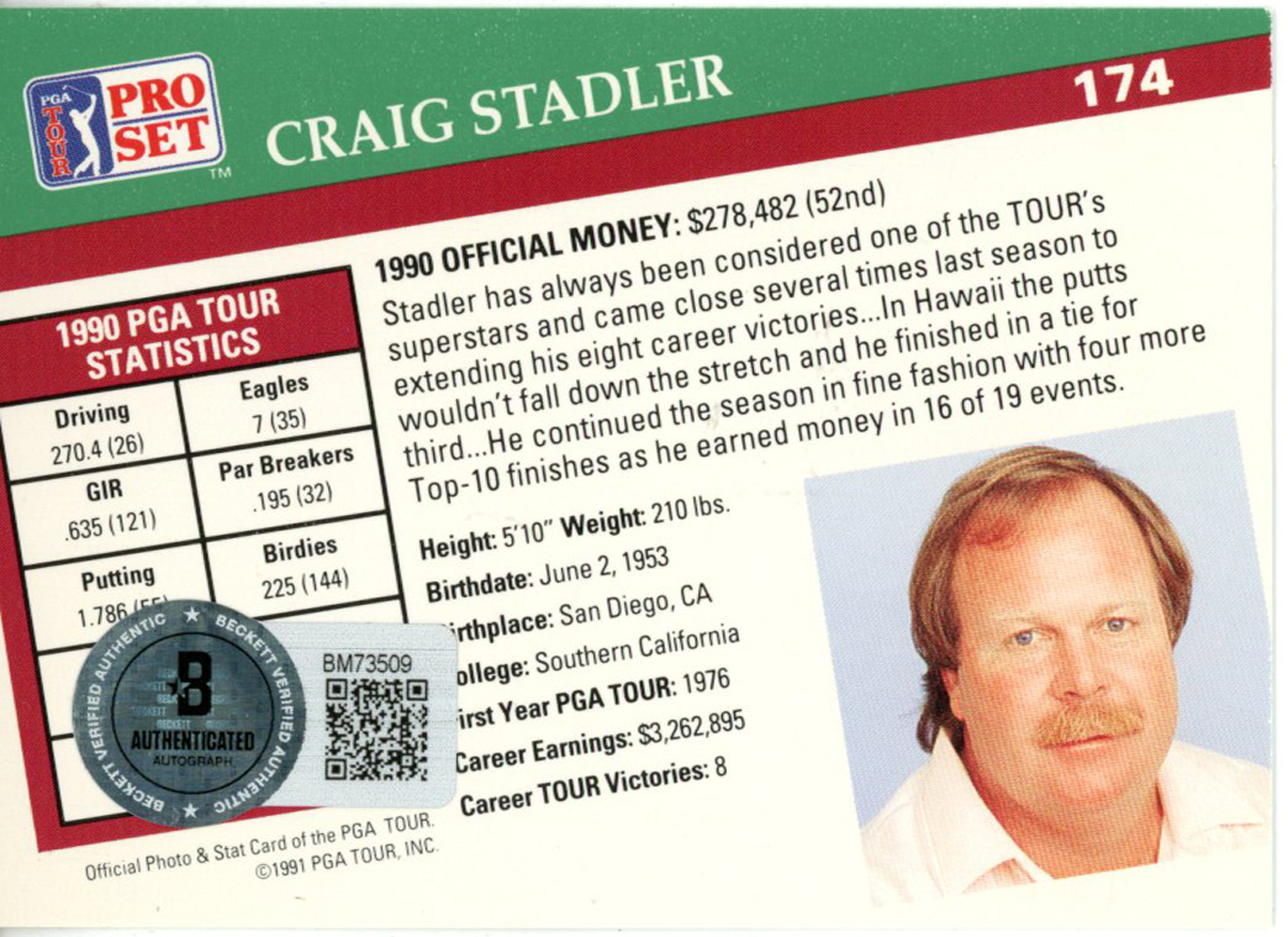 Craig Stadler Autographed 1991 Pro Set #174 Trading Card Beckett 44897