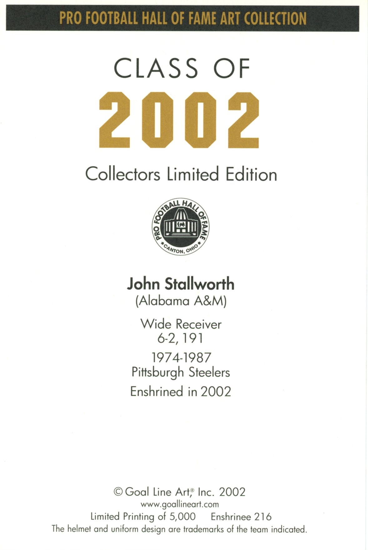 John Stallworth Pittsburgh Steelers Goal Line Art Card Class of 2012 58157 2 John Stallworth Pittsburgh Steelers Goal Line Art Card Class of 2012 58157