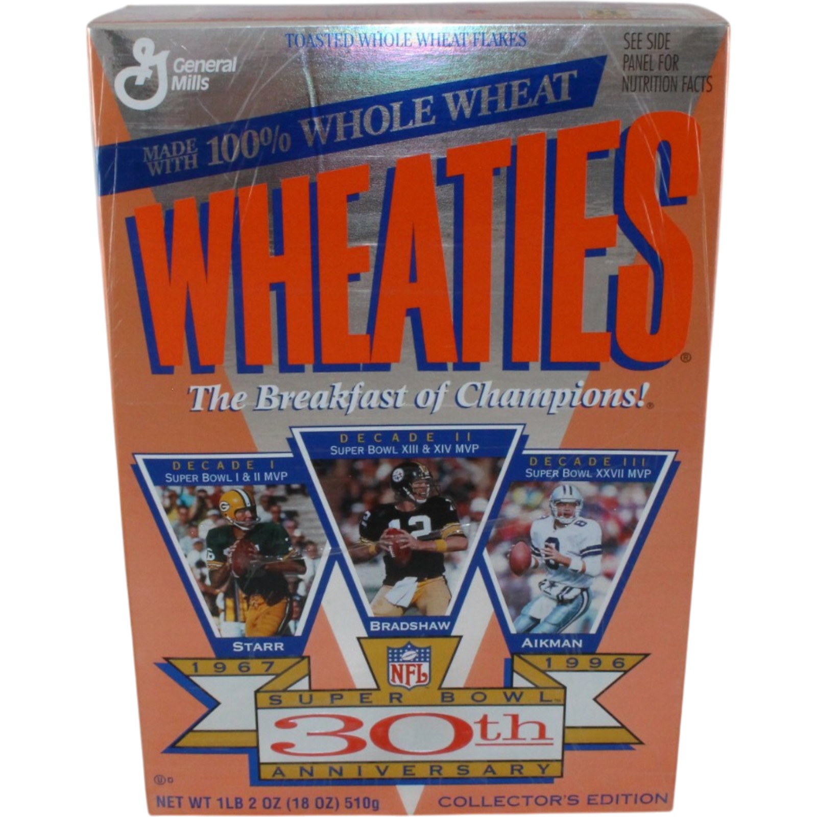 Bart Starr Aikman Bradshaw Wheaties 30th Super Bowl Anniversary Cereal Box 55483