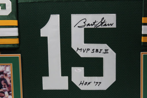 Bart Starr Autographed/Signed Pro Style Framed Green XL Jersey JSA