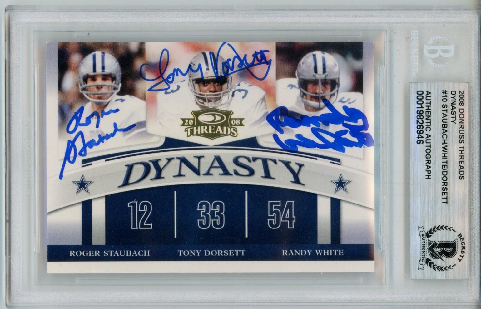 Dorsett White Staubach Signed 08 Donruss Dynasty Threads D-10 Card Beckett 57105