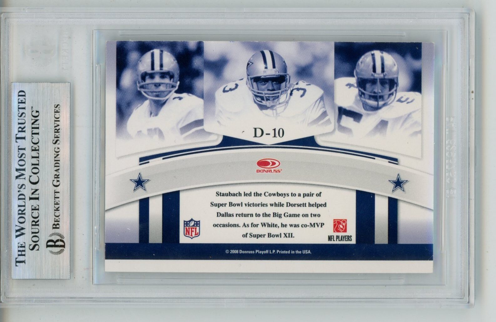 Dorsett White Staubach Signed 08 Donruss Dynasty Threads D-10 Card Beckett 57105 2 Dorsett White Staubach Signed 08 Donruss Dynasty Threads D-10 Card Beckett 57105