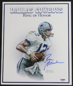 Roger Staubach Signed Dallas Cowboys 11.5x9.5 Ring Of Fame Print PSA