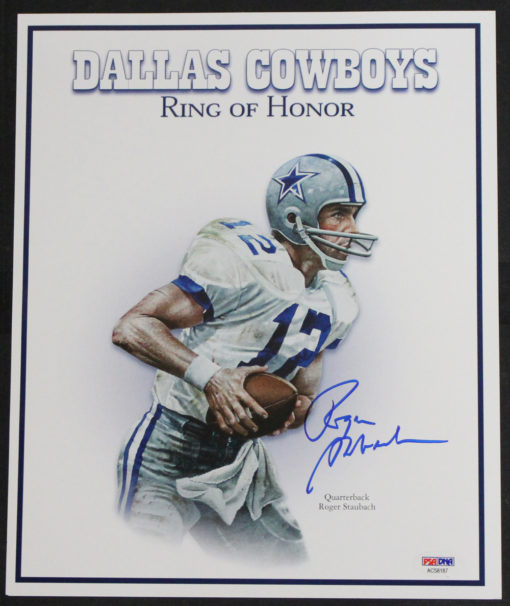 Roger Staubach Signed Dallas Cowboys 11.5x9.5 Ring Of Fame Print PSA