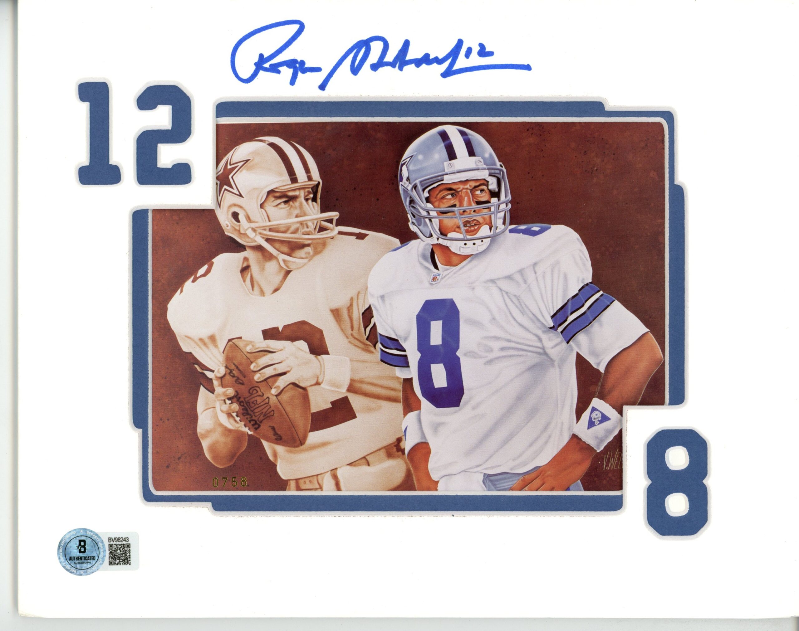 Roger Staubach Autographed/Signed Dallas Cowboys 10x8" Matted Art Beckett 56062