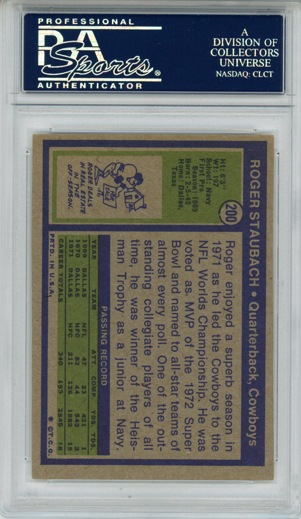 Roger Staubach Autographed 1972 Topps #200 Rookie Card PSA Slab