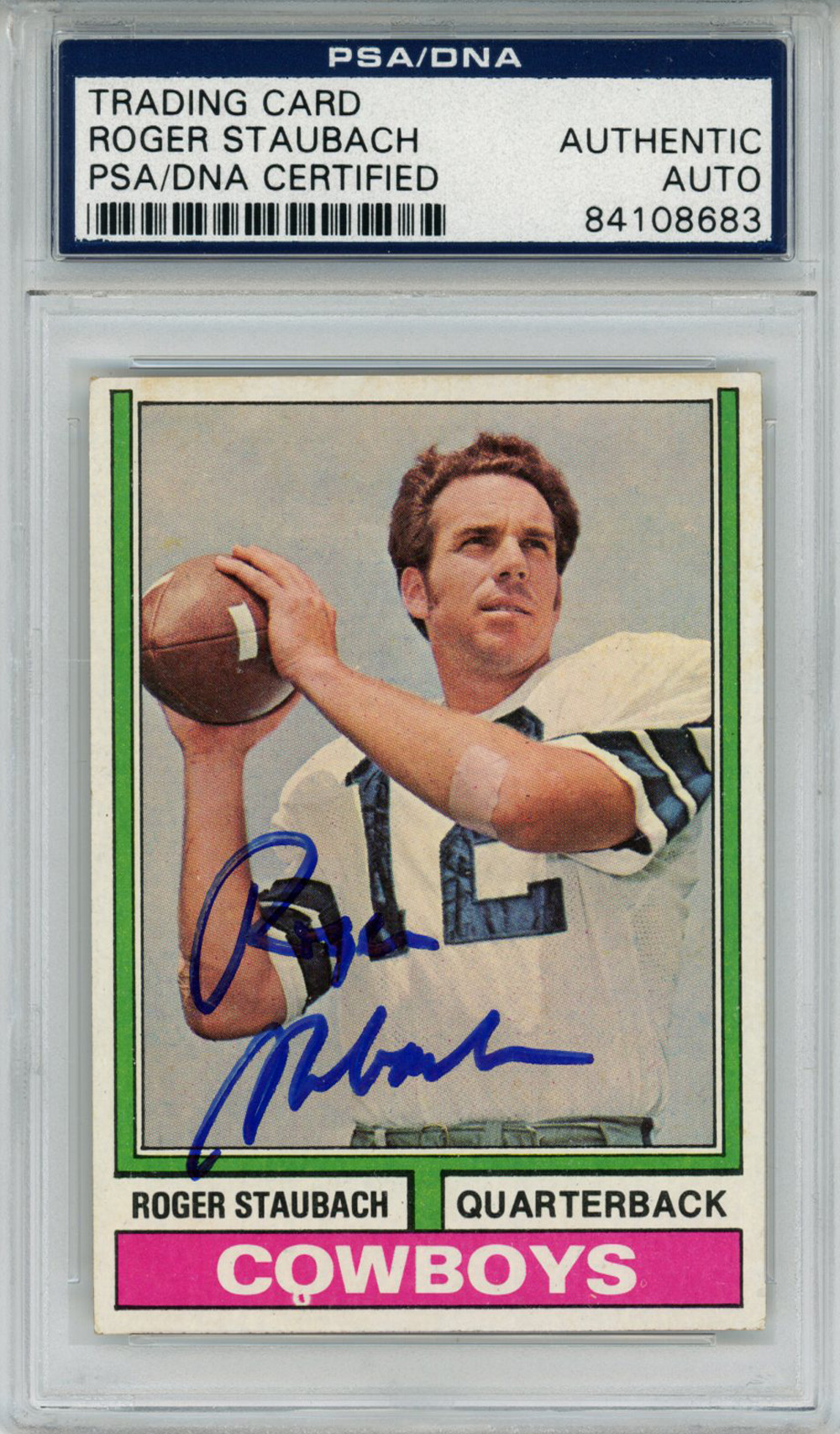 Roger Staubach Autographed 1974 Topps #500 Trading Card PSA Slab
