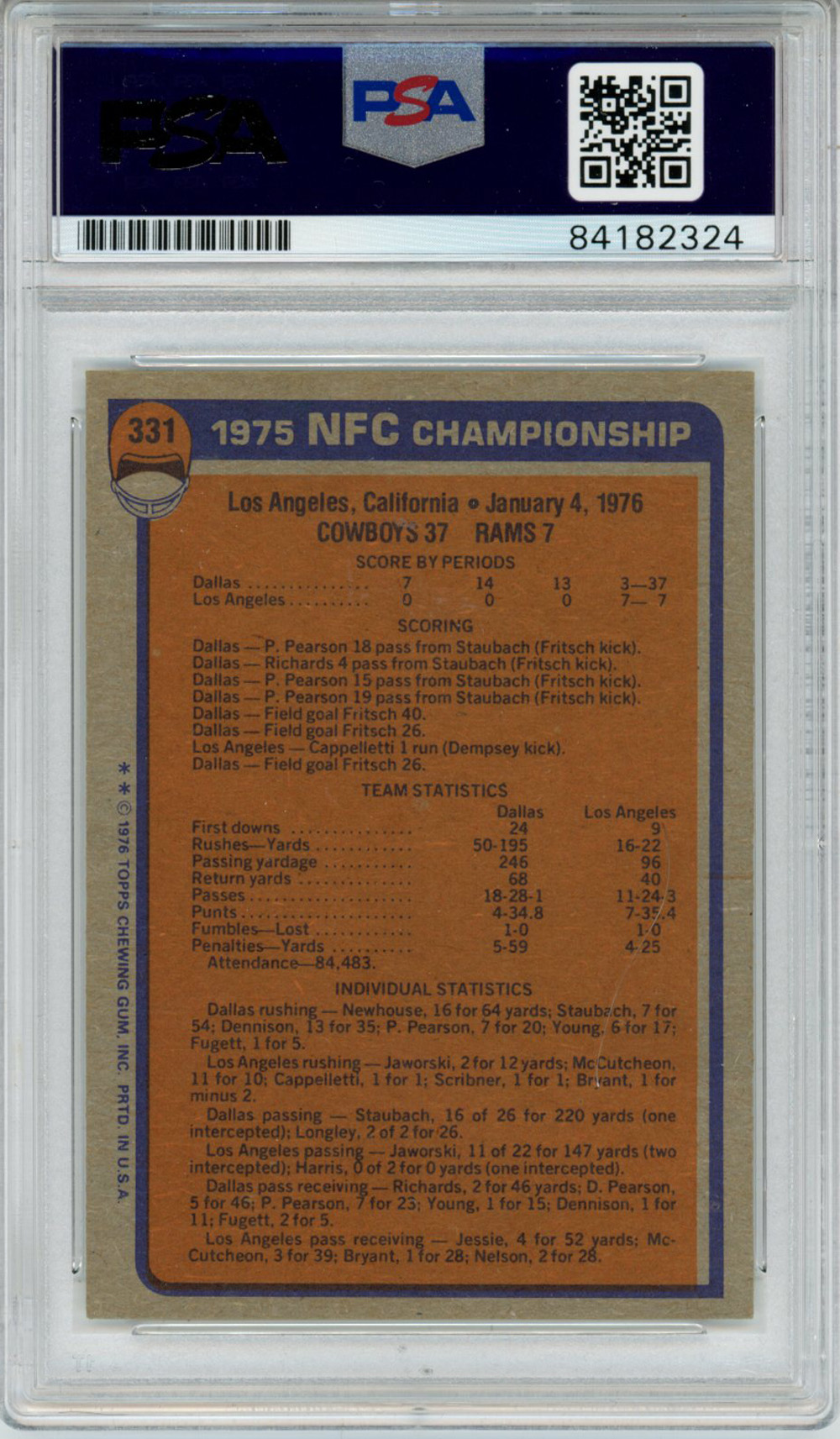 Roger Staubach Signed 1976 Topps #331 NFC Championship Card PSA Slab