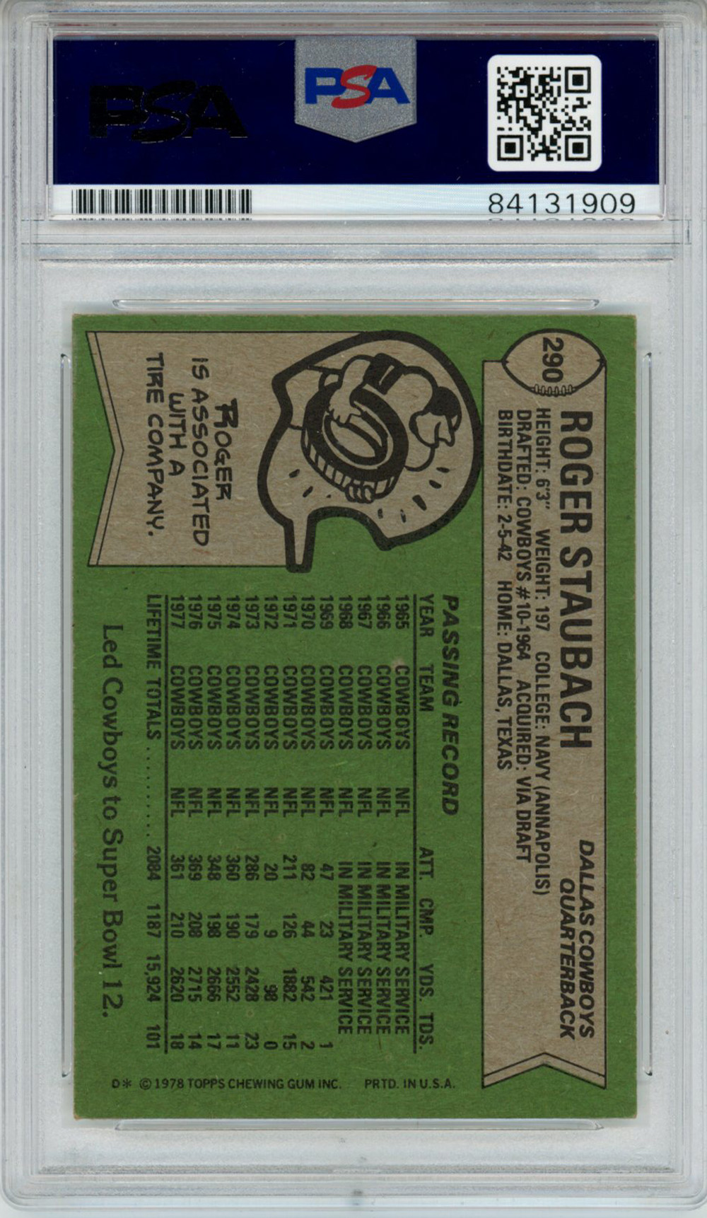 Roger Staubach Autographed 1978 Topps #290 Trading Card PSA Slab