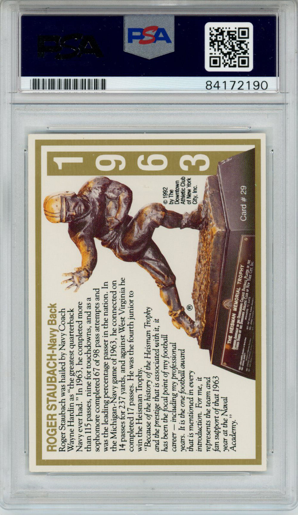 Roger Staubach Signed 1992 Downtown Athletic Club #29 Card PSA Slab