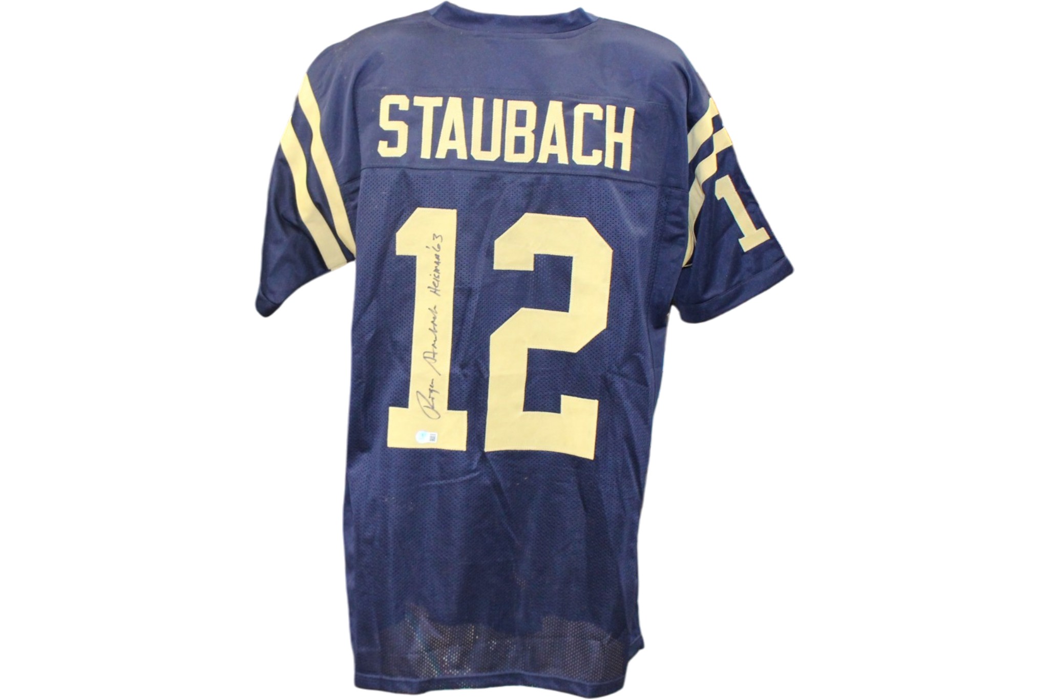 Roger Staubach Autographed College Style XL Blue Jersey Heisman Beckett 55361