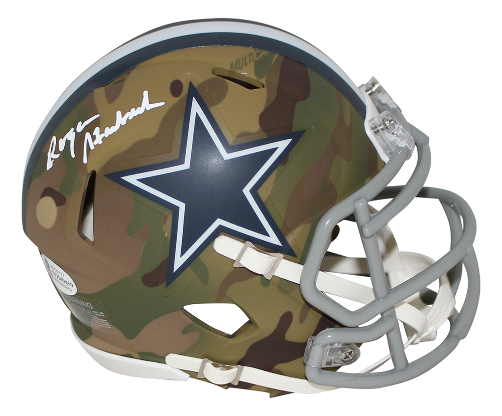 Roger Staubach Autographed/Signed Dallas Cowboys Camo Mini Helmet BAS